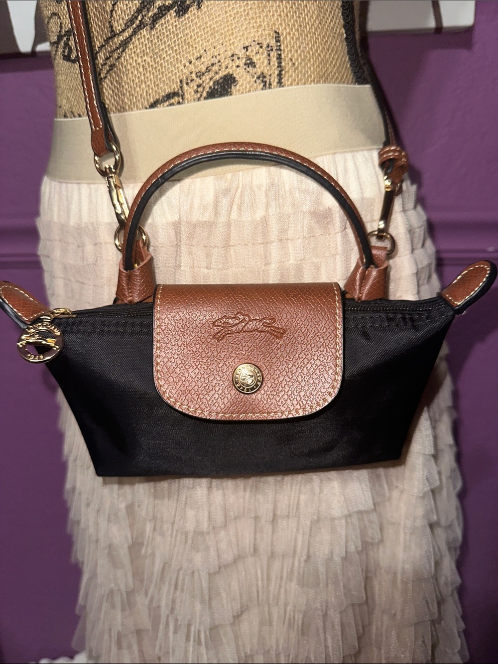 Longchamp Small Black Nylon Crossbody with Brown Leather Trim